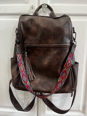 Brown Faux Leather Backpack with Colorful Strap